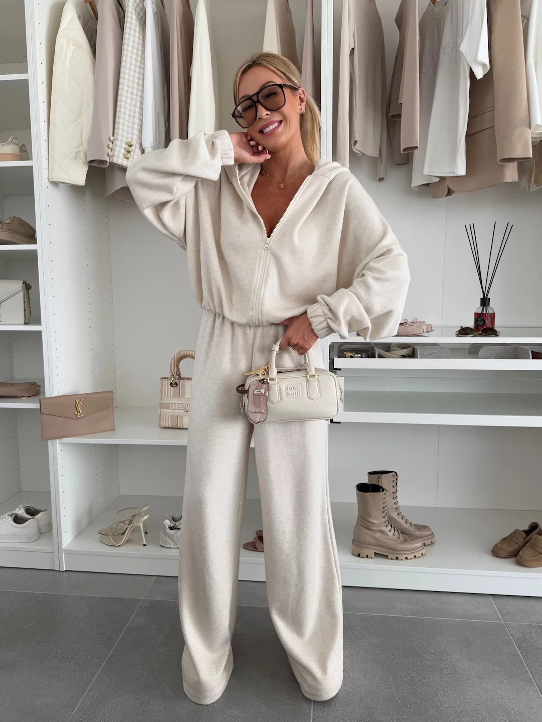 Damen Loungewear-Anzug aus weichem Fleece mit Kapuze und weitem Schnitt Shopnory
