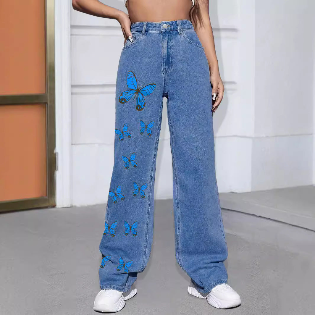 Damen Weite Jeanshose mit Schmetterlings-Print Shop Nory