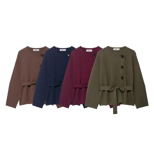 Damen Strickjacke mit asymmetrischer Knopfblende und Taillengürtel Shop Nory