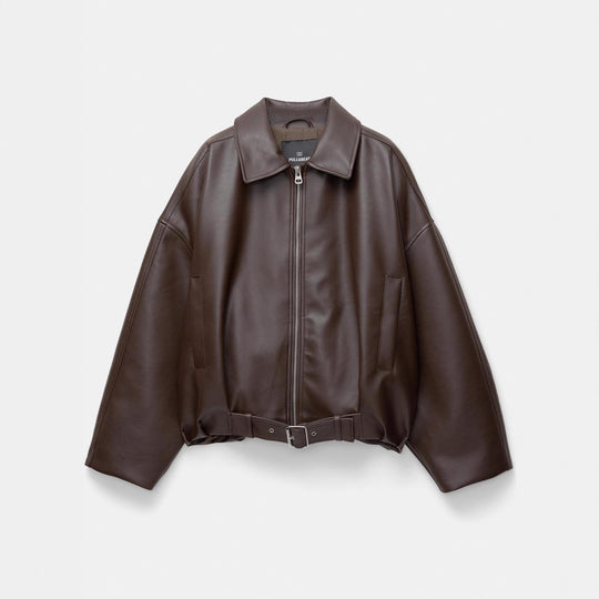 Damen Modische Kunstlederjacke mit auffälligem Kragen und Taillengürtel
