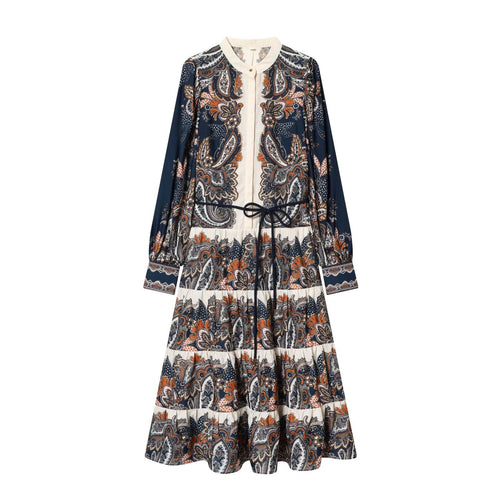 Damen Maxikleid im Stufenrock-Design mit Paisley-Print, Stehkragen und Taillenschnur Shop Nory