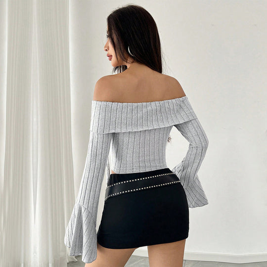 Damen schulterfreies geripptes Asymmetrisches Cropped-Top mit Glockenärmeln und Binddetail Shop Nory