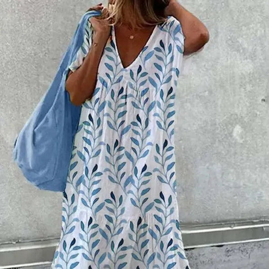 Damen lässiges Sommerkleid mit V-Ausschnitt und voluminösem Rock