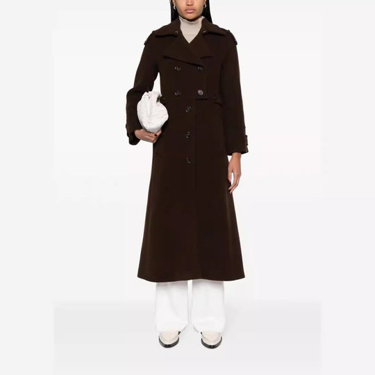 Damen Bodenlanger Doppelreihiger Trenchcoat aus Wollmix mit Schulterpatten und verdecktem Taillengürtel Shop Nory