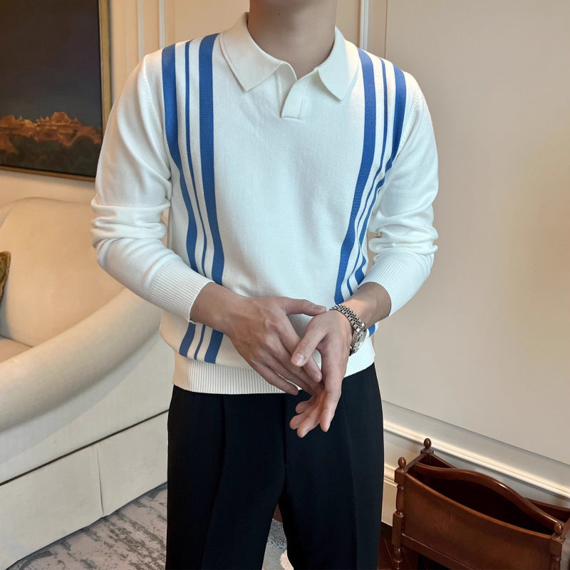 Herren Polokragen-Strickpullover mit markanten Längsstreifen und schmaler Passform Shop Nory