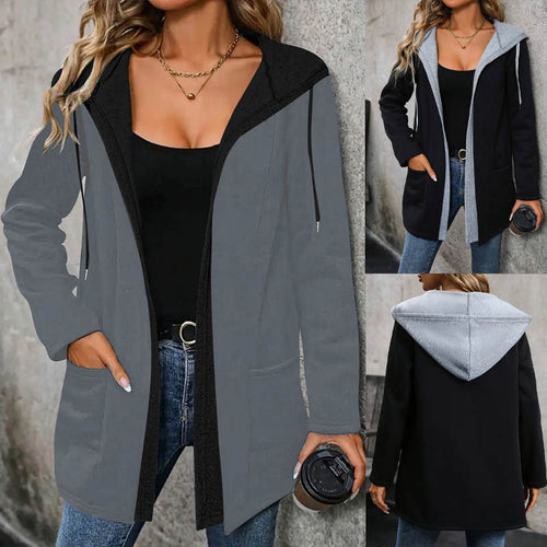 Damen Langer Kapuzen-Cardigan mit kontrastiertem Besatz, Kordelzug und Eingrifftaschen Shop Nory