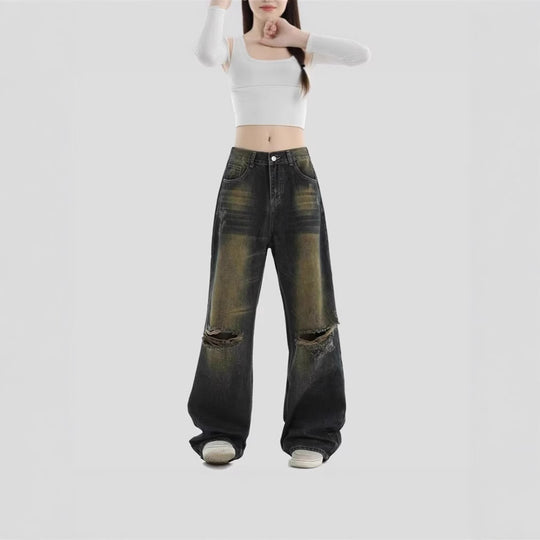 Damen Modische Weitbeinjeans mit zerrissenen Details Shop Nory