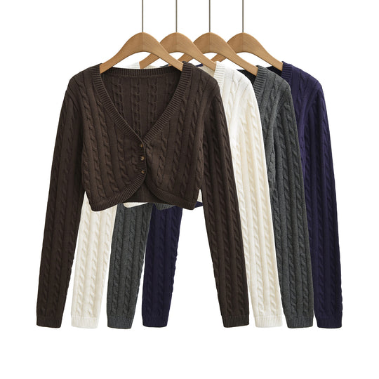 Damen Kurzgeschnittener Zopfstrick-Cardigan mit V‑Ausschnitt und Knopfleiste Shop Nory