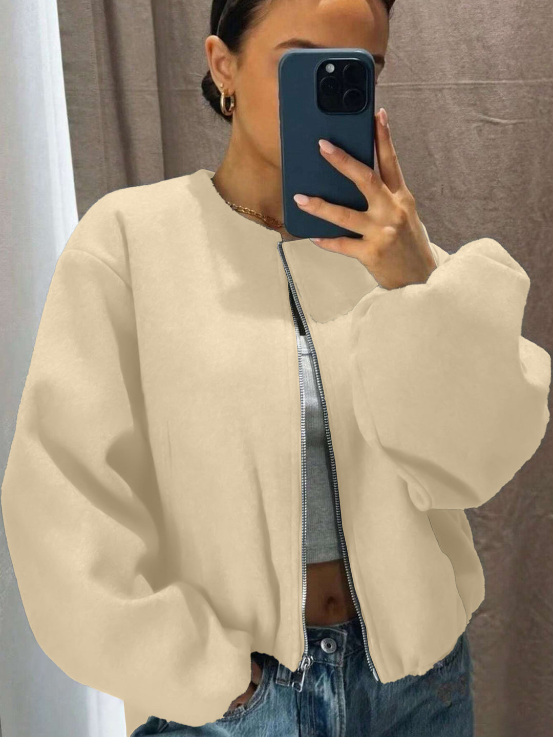 Damen Weitgeschnittene Bomberjacke mit Reißverschluss und Volumenärmeln Shop Nory
