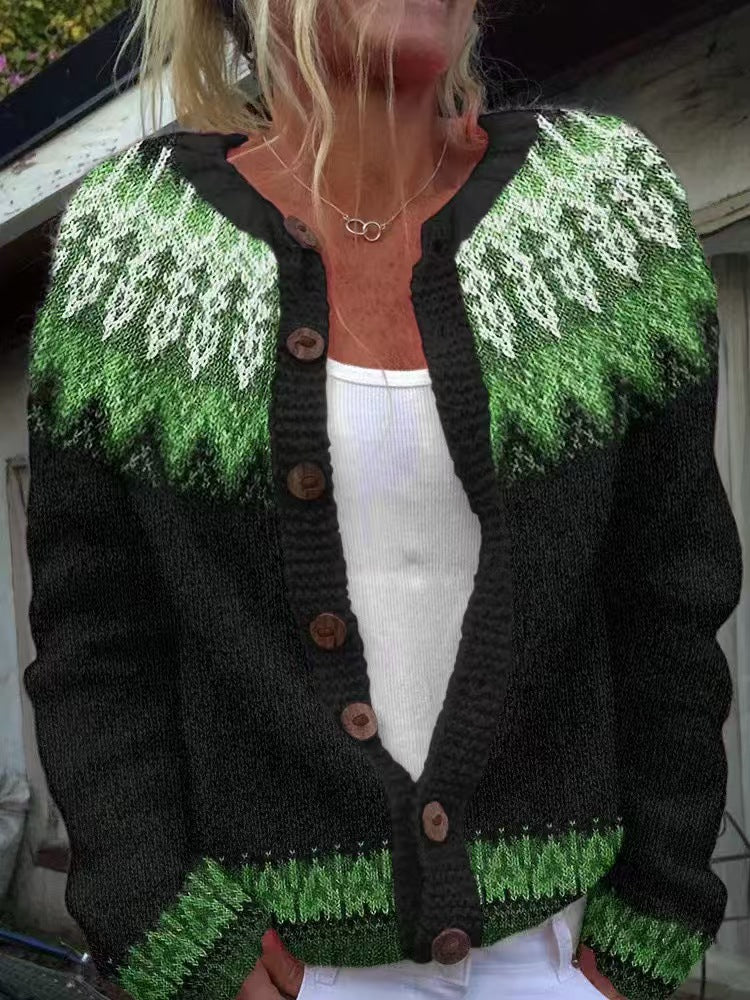 Damen nan gemusterte Strickjacke mit Rundpasse, Holzknöpfen und Eingrifftaschen Shop Nory