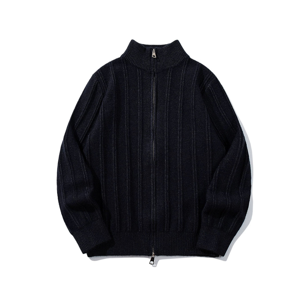 Unisex Geraffte Strick-Zipjacke mit hohem Stehkragen und vertikaler Struktur Shop Nory
