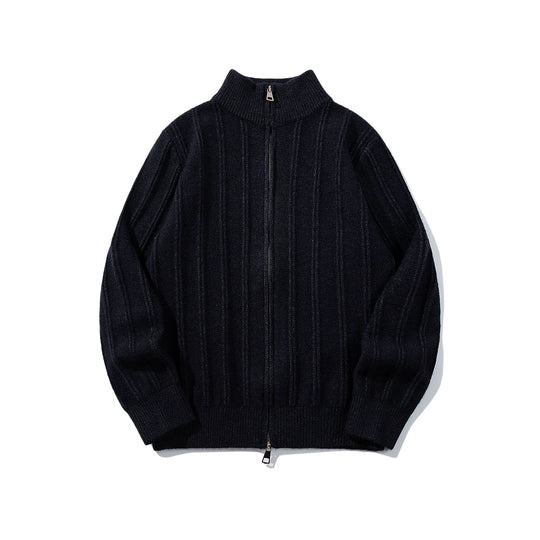 Unisex Geraffte Strick-Zipjacke mit hohem Stehkragen und vertikaler Struktur Shop Nory