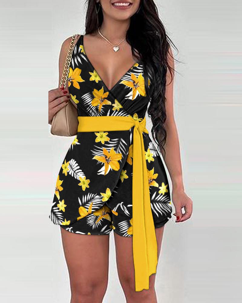 Damen lässiger Wickel-Jumpsuit mit kreativem Muster und Taillengürtel