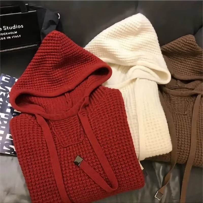 Damen Grobgestrickter Oversize-Kapuzenpullover mit Waffelstruktur und Kordelzug Shop Nory