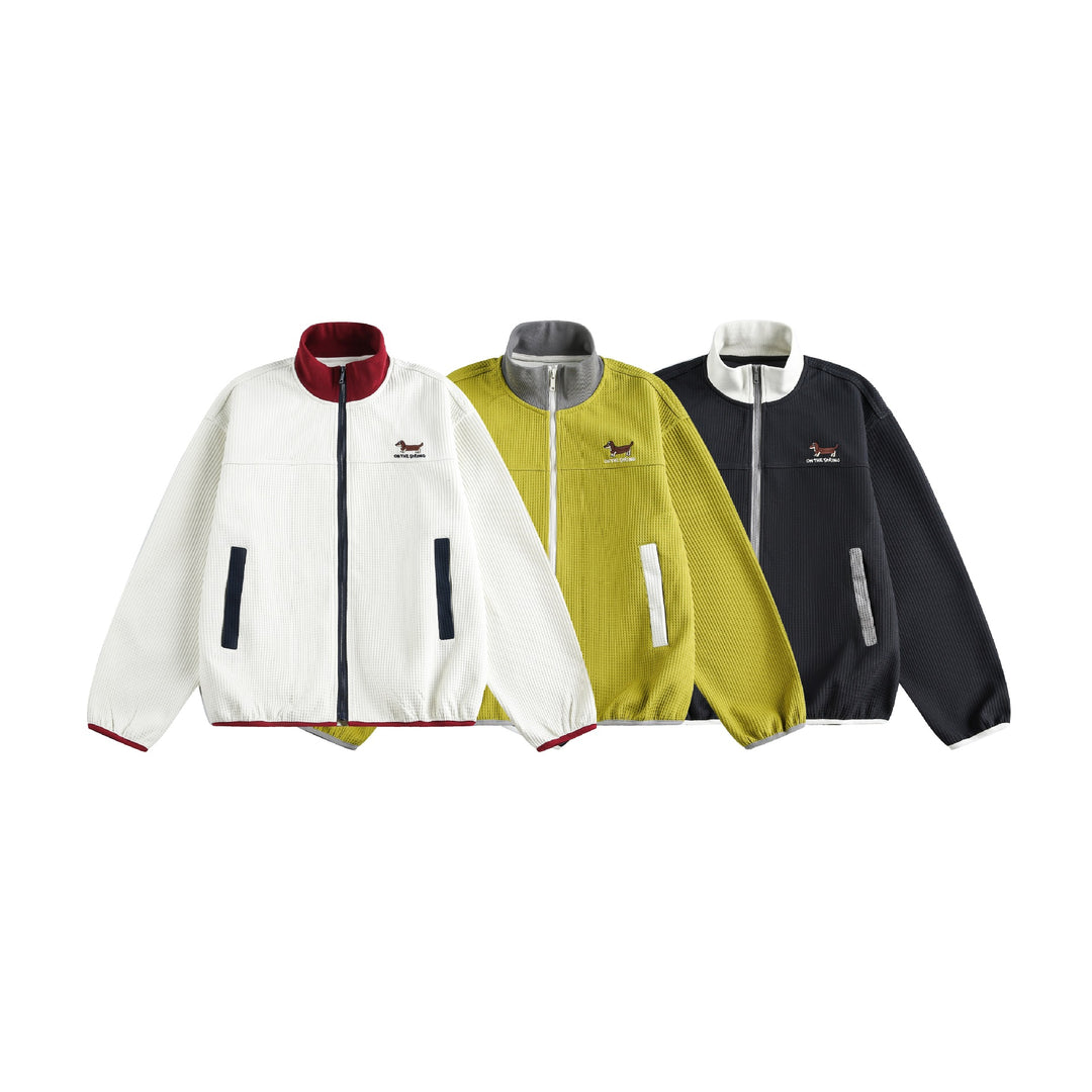 Damen Waffelstruktur Zipjacke im Boxy‑Cut mit Stehkragen und Hundestickerei Shop Nory