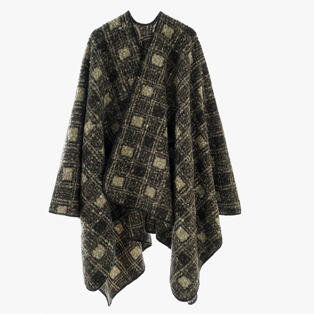 Damen Strukturierter Wollmix-Poncho im Ruana‑Schnitt mit kastiger Silhouette und Karo-Jacquard Shop Nory