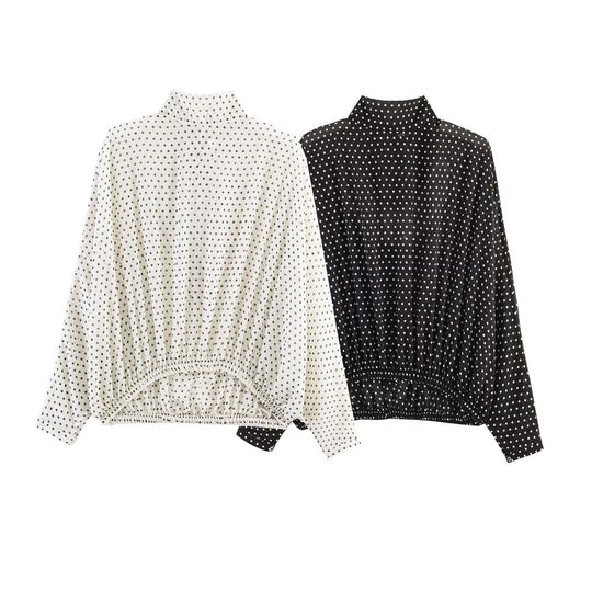 Damen Zweiteiliges Pünktchen-Set mit Stehkragenbluse und ausgestelltem Midirock Shop Nory