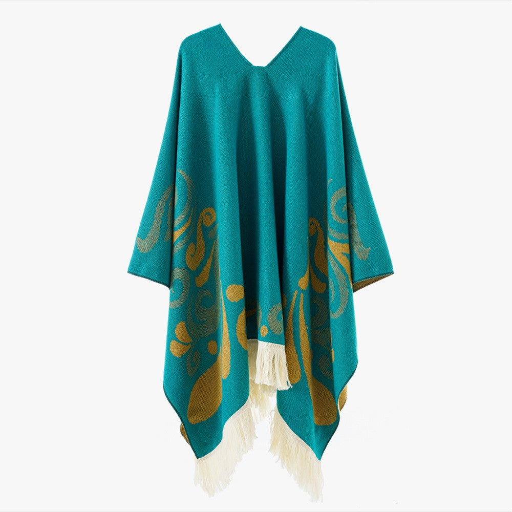 Damen Ornamentaler Jacquard‑Poncho mit V‑Ausschnitt und Fransensaum Shop Nory
