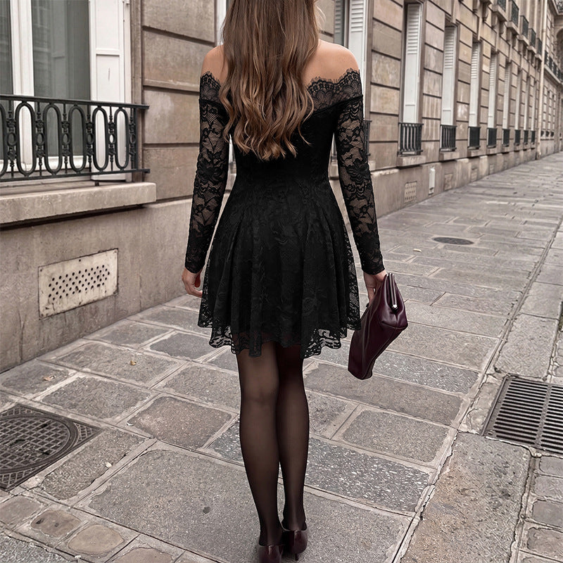 Damen Figurfreundliches Spitzen A‑Linien Minikleid mit Carmen‑Ausschnitt und transparenten Ärmeln Shop Nory