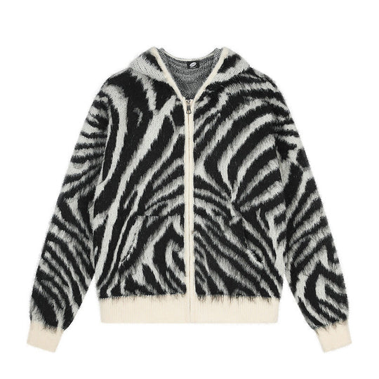 Damen Flauschige Zip-Kapuzen-Strickjacke mit Zebra-Jacquard und Kängurutasche Shop Nory