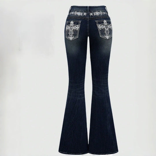Damen Bootcut Jeans mit aufwendigen Stickereien und hohem Bund