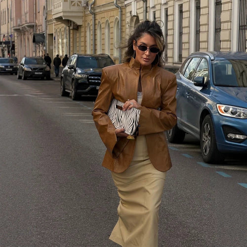 Damen Figurbetonter Lederimitat-Blazer mit Stehkragen & verlängerten Manschetten Shop Nory