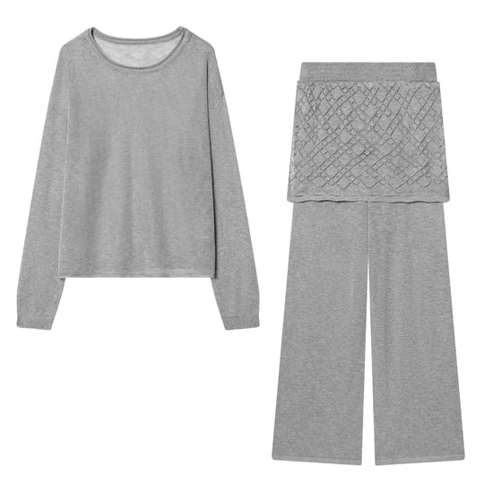 Damen Leichtes Feinstrick-Loungewear-Set mit Rundhalsausschnitt und weiter Palazzo-Hose Shop Nory