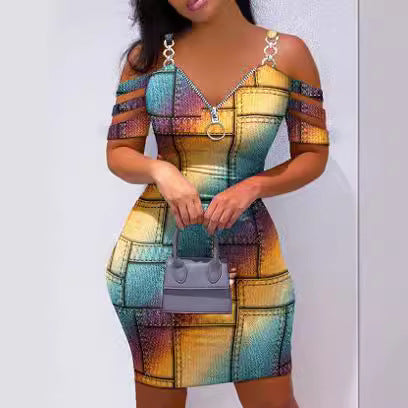 Damen figurbetontes Trägerkleid mit Reißverschluss und einzigartigem Design