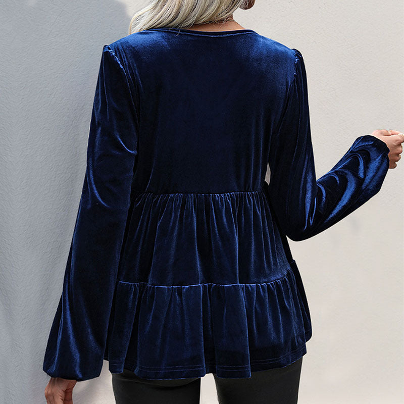 Damen Samt-Tunika mit V-Ausschnitt, Stufenrock und Ballonärmeln Shop Nory