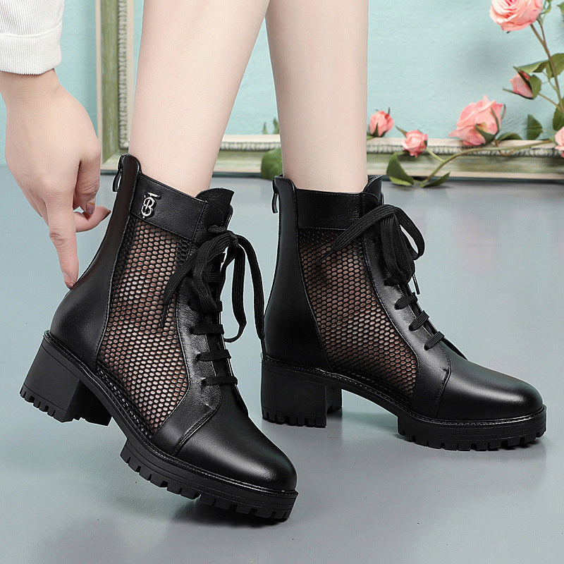 Damen Trendige Schnür-Stiefeletten mit Mesh-Einsatz und robustem Blockabsatz