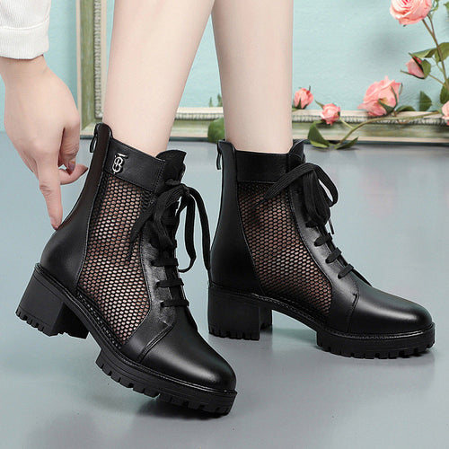 Damen Trendige Schnür-Stiefeletten mit Mesh-Einsatz und robustem Blockabsatz