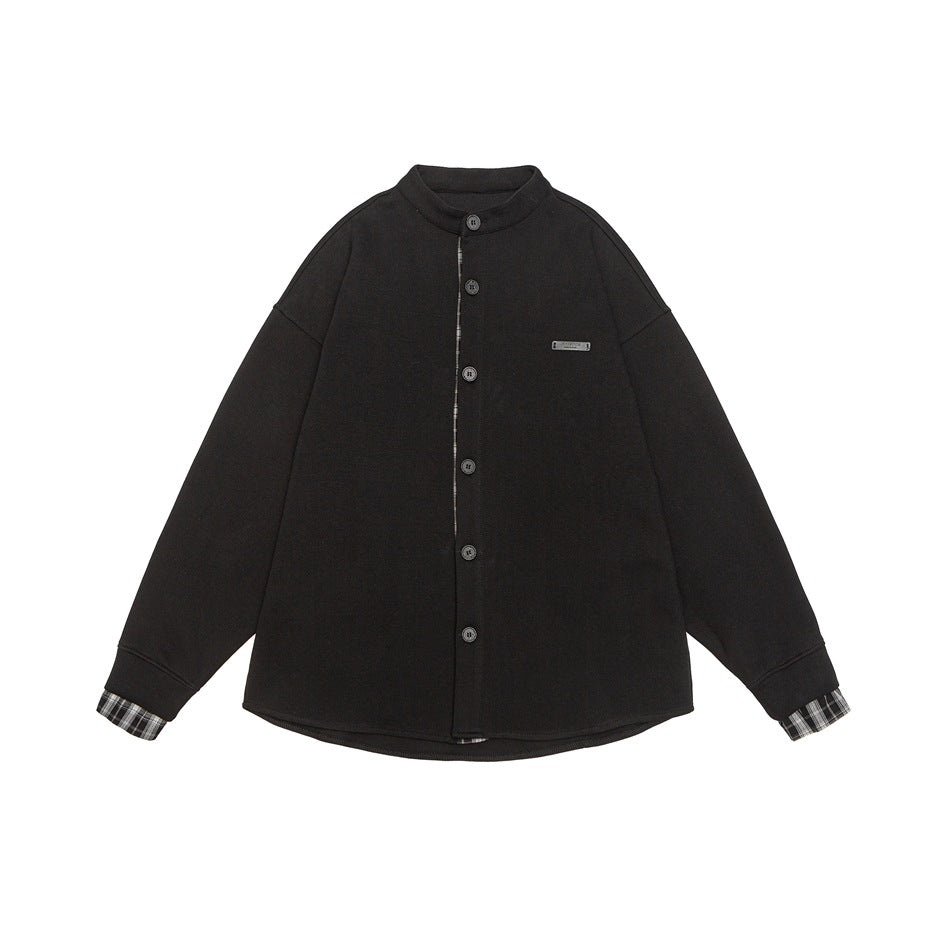 Unisex Oversize-Hemdjacke im Sweat-Overlay mit Stehkragen und karierter Innenmanschette Shop Nory