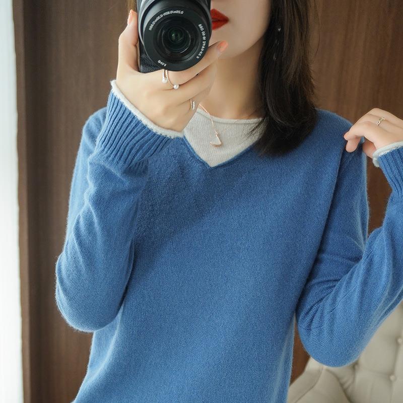 Damen Weicher V‑Ausschnitt-Pullover aus Kaschmir‑Look mit kontrastierter Kantenverzierung Shop Nory