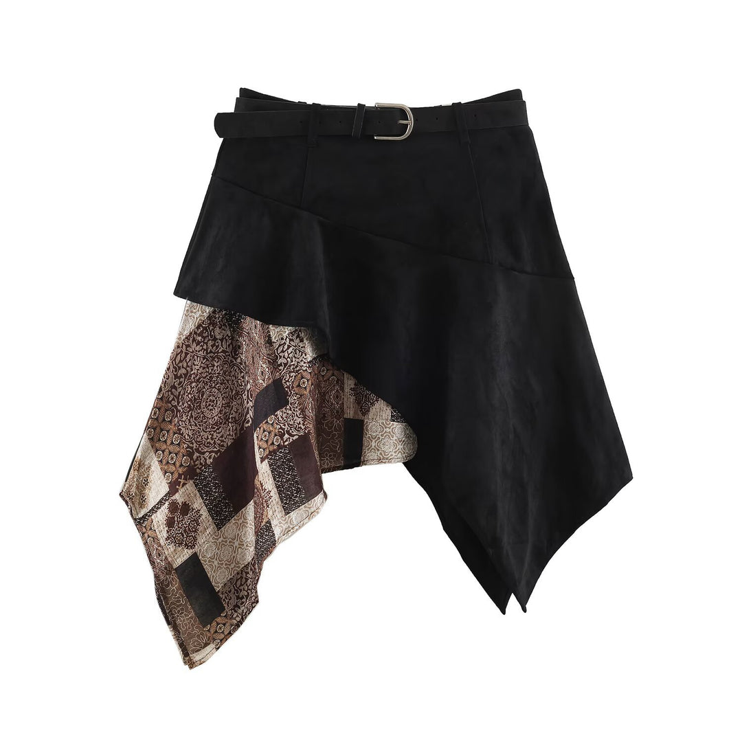 Damen Asymmetrischer Patchwork-Wickelrock mit Taillengürtel und Lagenoptik Shop Nory