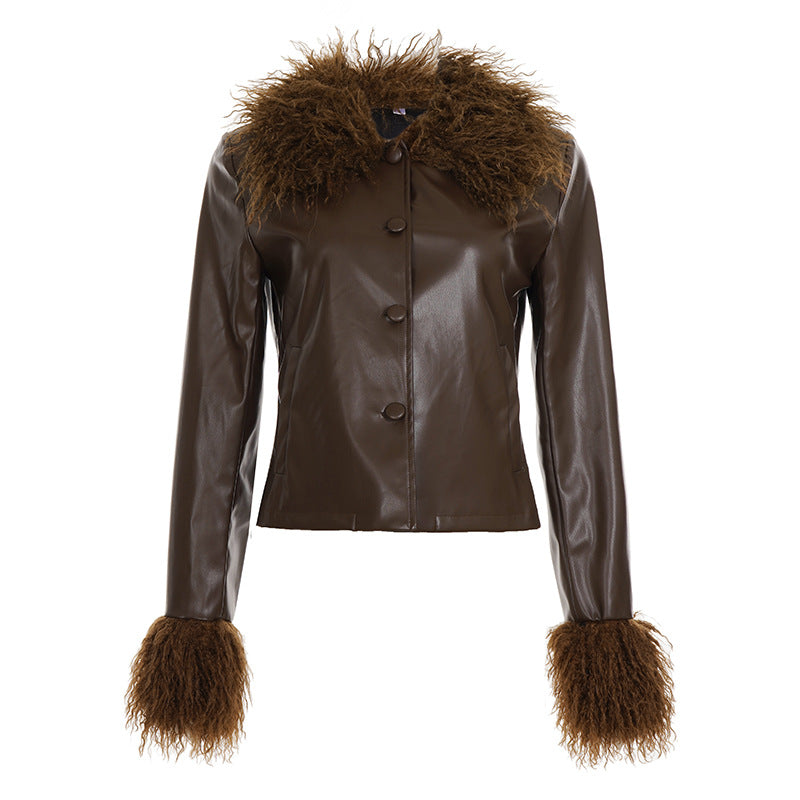 Damen nan kurze Kunstlederjacke mit voluminösem Fellkragen und Fellmanschetten Shop Nory