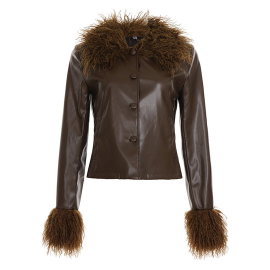 Damen nan kurze Kunstlederjacke mit voluminösem Fellkragen und Fellmanschetten Shop Nory