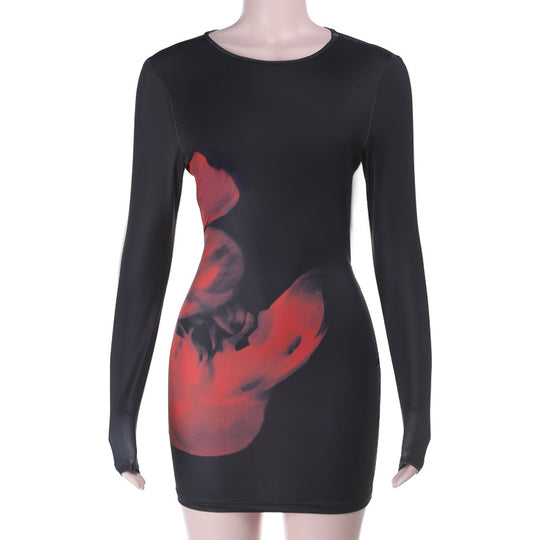 Damen Figurbetontes Langarm-Minikleid aus Stretch-Jersey mit abstraktem Aquarell-Print Shop Nory
