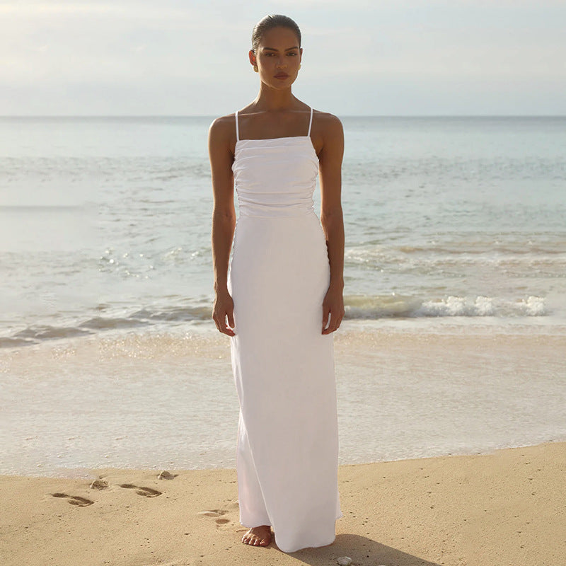 Damen elegantes Maxikleid mit raffiniertem Raffung und verstellbaren Spaghettiträgern Shopnory