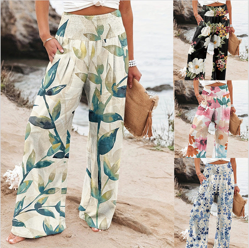 Damen Weit geschnittene Strandhose mit floralem Motiven und elastischem Bund