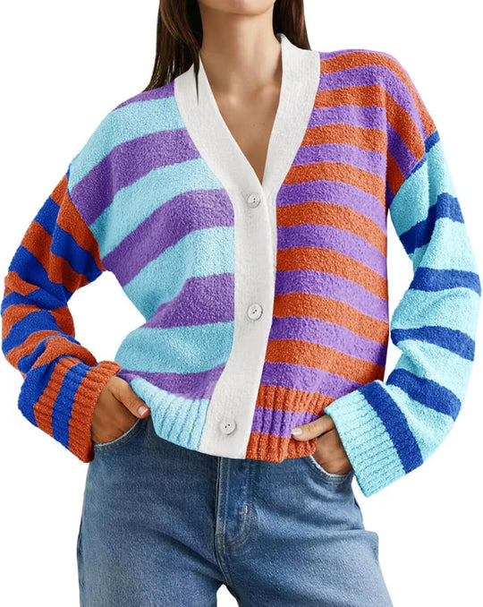 Damen lockerer gestreifter Frottee-Cardigan mit V-Ausschnitt und Knopfleiste Shop Nory