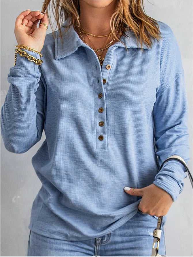 Damen Langarm-Waffelshirt mit Hemdkragen und Knopfleiste Shop Nory