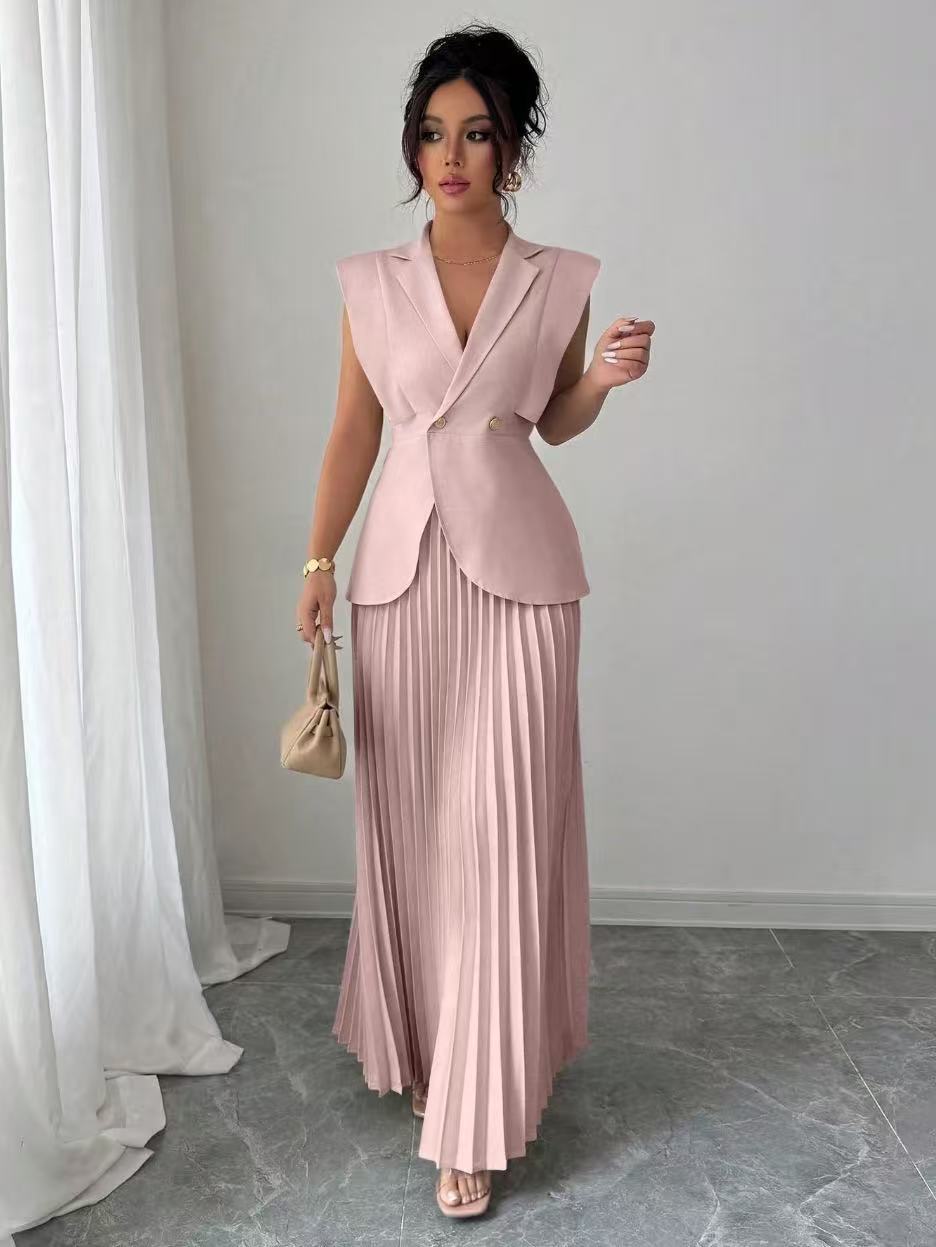 Damen Ärmelloses tailliertes Blazer-Set mit plissiertem Maxirock Shop Nory