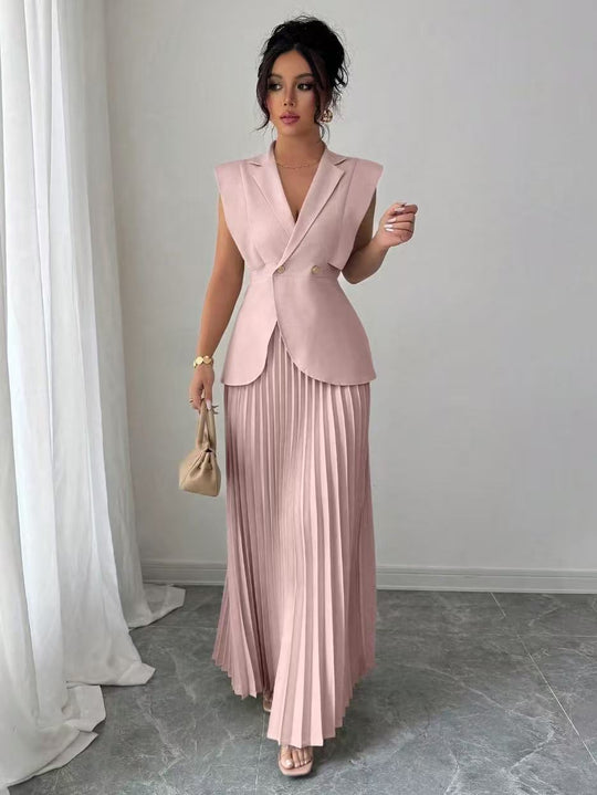 Damen Ärmelloses tailliertes Blazer-Set mit plissiertem Maxirock Shop Nory