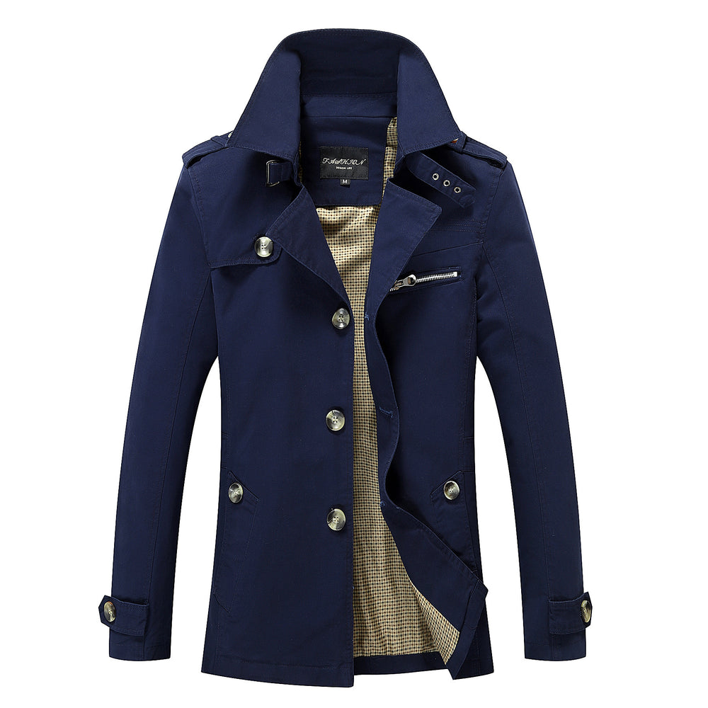 Herren Kurzmantel im Trench‑Stil mit Schulterpatten, Taillenriegel und gestreiftem Innenfutter Shop Nory