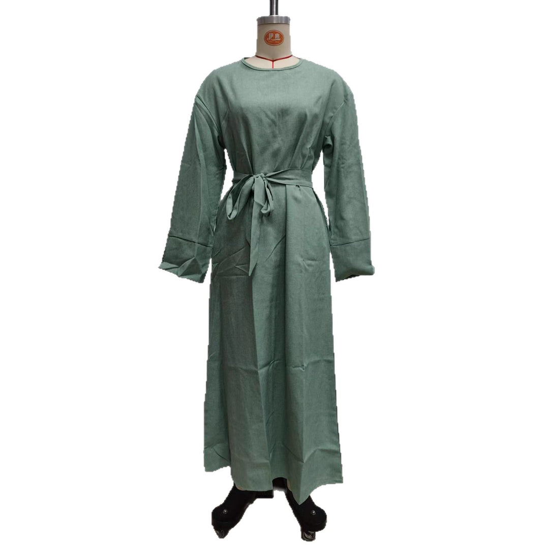 Damen Maxikleid aus Leinen-Mix mit Taillengürtel und weiten Manschellen Shop Nory