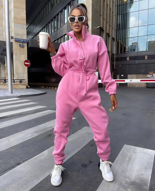 Damen taillierter Velours-Jumpsuit mit Tunnelzug Stehkragen und elastischen Bündchen Shop Nory