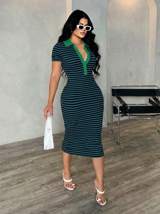 Damen Figurbetontes Polokleid im Streifen‑Look aus Rippstrick mit kurzem Ärmel Shop Nory