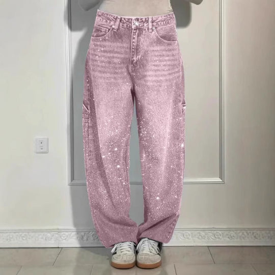 Damen High-Waist Jeans im weiten Cargo-Schnitt mit funkelndem Strassbesatz Shop Nory