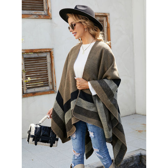Damen Offener Strick‑Cape‑Poncho mit kontrastierenden Blockstreifen und Zierstich Shop Nory