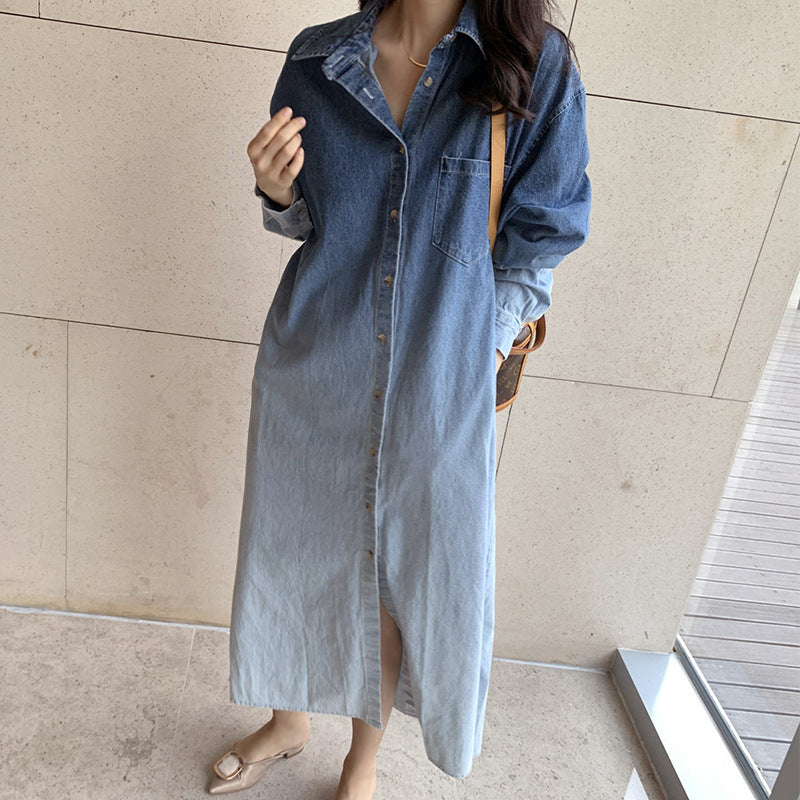 Damen Verlaufs-Jeans-Hemdkleid Maxi mit durchgehender Knopfleiste, Brusttasche und Seitenschlitzen Shop Nory